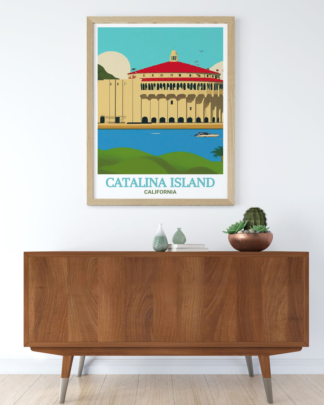 Enhance your home with this detailed art print of Catalina Island, highlighting the Catalina Casino and the islands lush greenery. Ideal for anyone who appreciates Californias coastal beauty and historic landmarks.