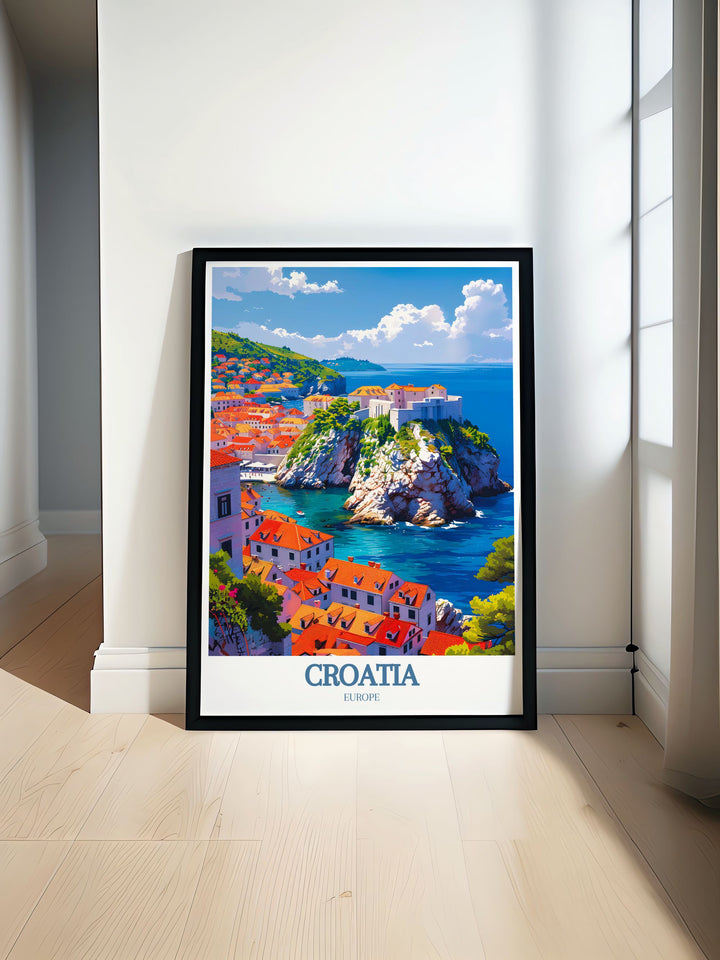 Illustrated with a vintage style, this travel print brings the stunning landscapes of Dubrovnik and the Adriatic coast to life, ideal for enhancing any room with the beauty of Croatia.