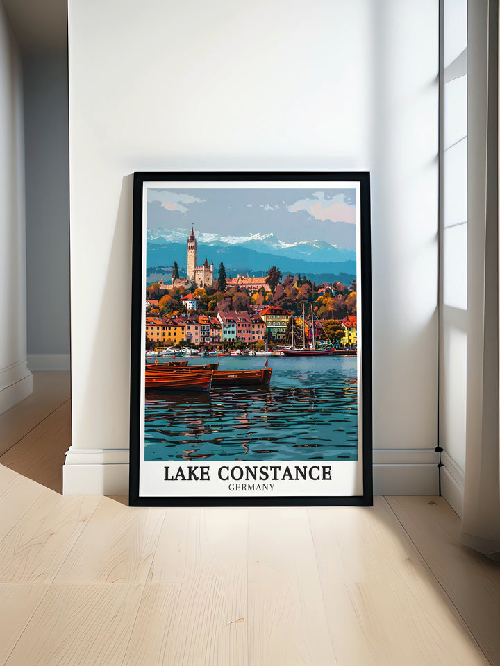 Meersburg Harbour and The Alps art deco travel posters showcasing vibrant landscapes and serene waters of Lake Constance. These framed travel posters are ideal for adding a touch of European elegance to your wall decor. Experience the charm of Lake Constance through our beautifully crafted art deco travel posters.