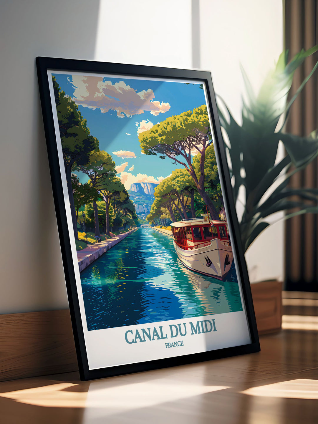 Stunning Canal du Midi poster featuring vibrant scenes of Southern France including historic Beziers and charming Carcassonne