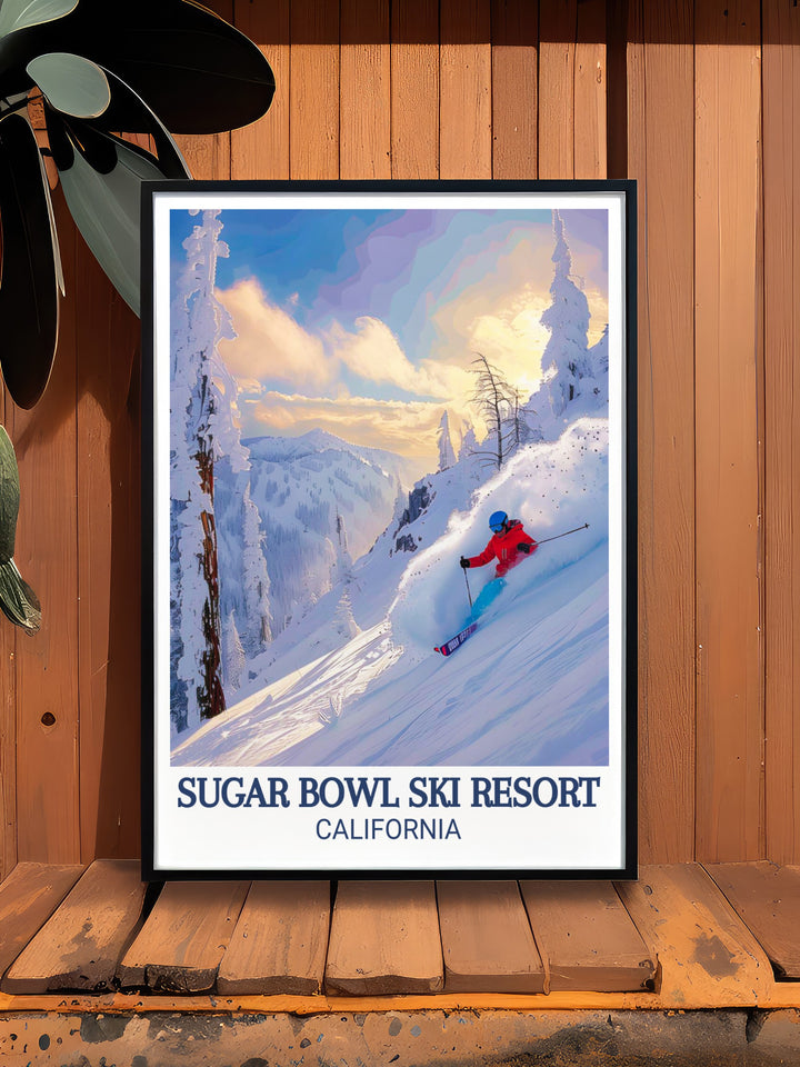 Sugar Bowl Ski Print in Terrain style capturing the thrill of skiing and snowboarding in the iconic Sierra Nevada mountains