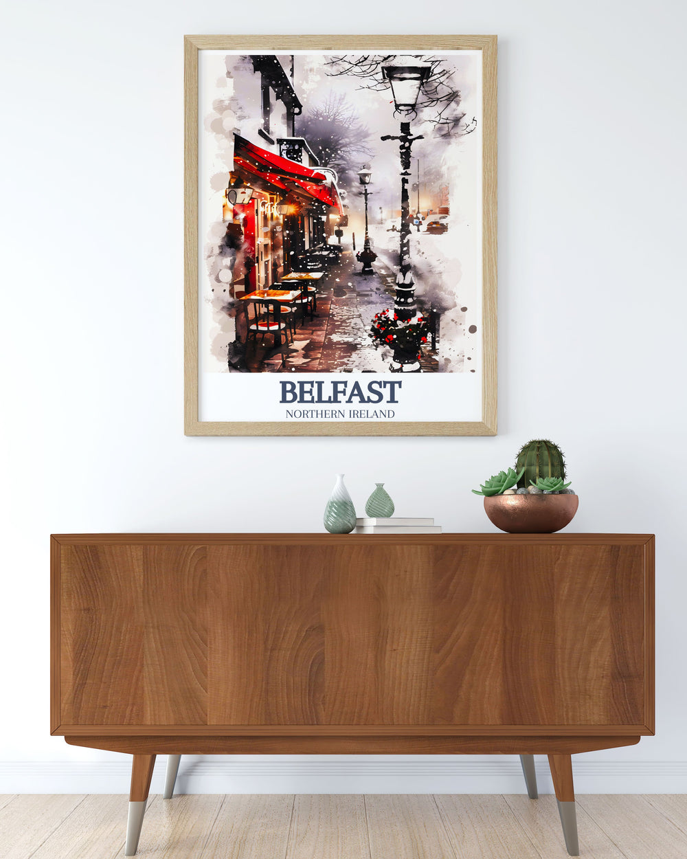 Stunning Cathedral Quarter Great Victoria Street artwork depicting the lively streets of Belfast. Ideal as a Belfast wall poster or an Ireland poster, bringing a piece of UK wall art into your home for a stylish and cultural touch.