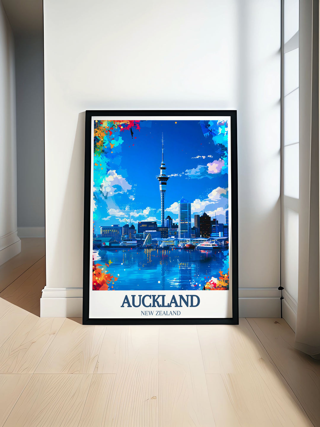 Stunning Auckland poster featuring the iconic Sky Tower and city skyline, capturing the vibrant energy and urban charm of New Zealands largest city. Perfect for those who love travel art and want to bring a piece of Aucklands beauty into their home decor.