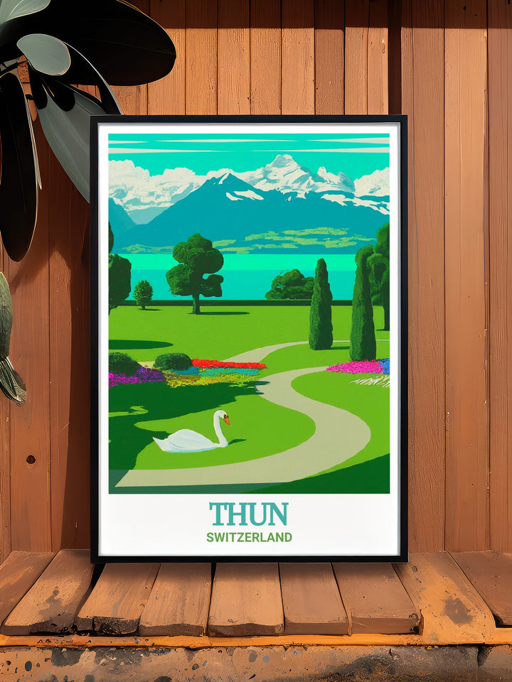 Thun Wall Poster featuring the iconic Schadau Park and Lake Thun, perfect for those who love Switzerlands natural beauty. A unique gift or decor piece that highlights the charm of this Swiss region.