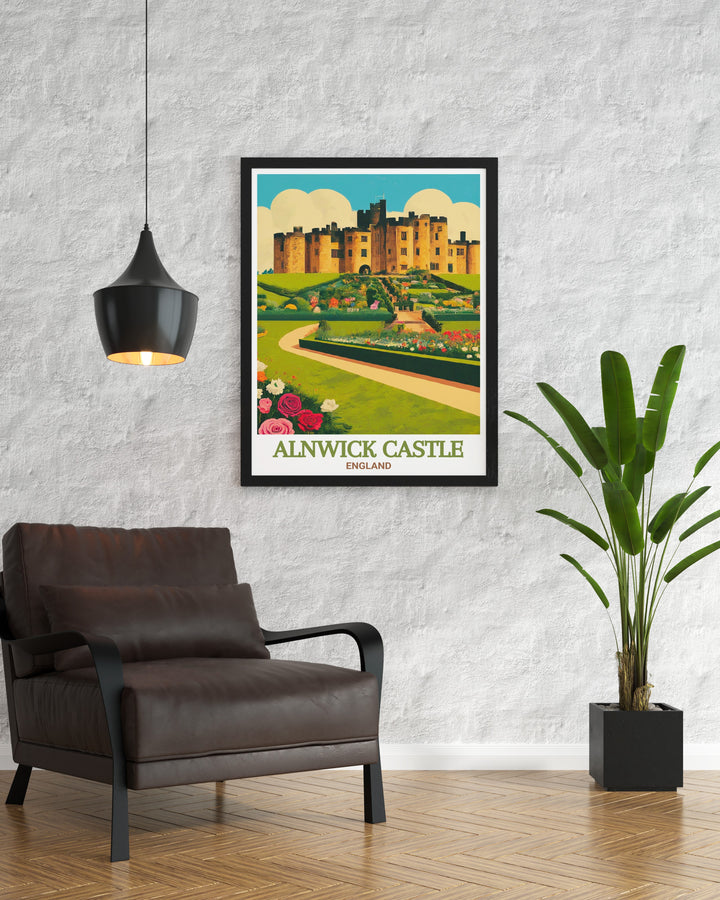 Alnwick Castle Travel Poster showcasing the timeless appeal of the castle and its surrounding landscapes in Northumberland. The detailed rendering invites viewers to explore the history and beauty of this iconic English landmark, making it a perfect addition to any home decor