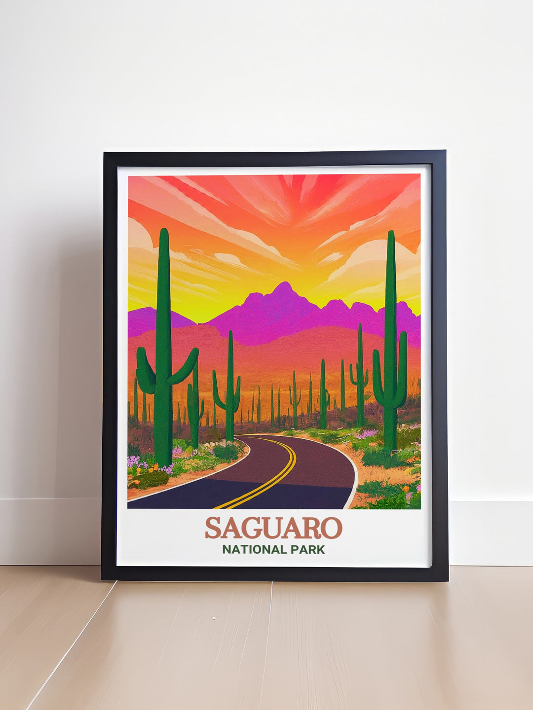 Immerse yourself in the scenic wonders of Cactus Forest Drive with this detailed Arizona travel print, capturing the winding road through towering cacti and the vibrant colors of the desert, making it an ideal piece for travel and nature enthusiasts.