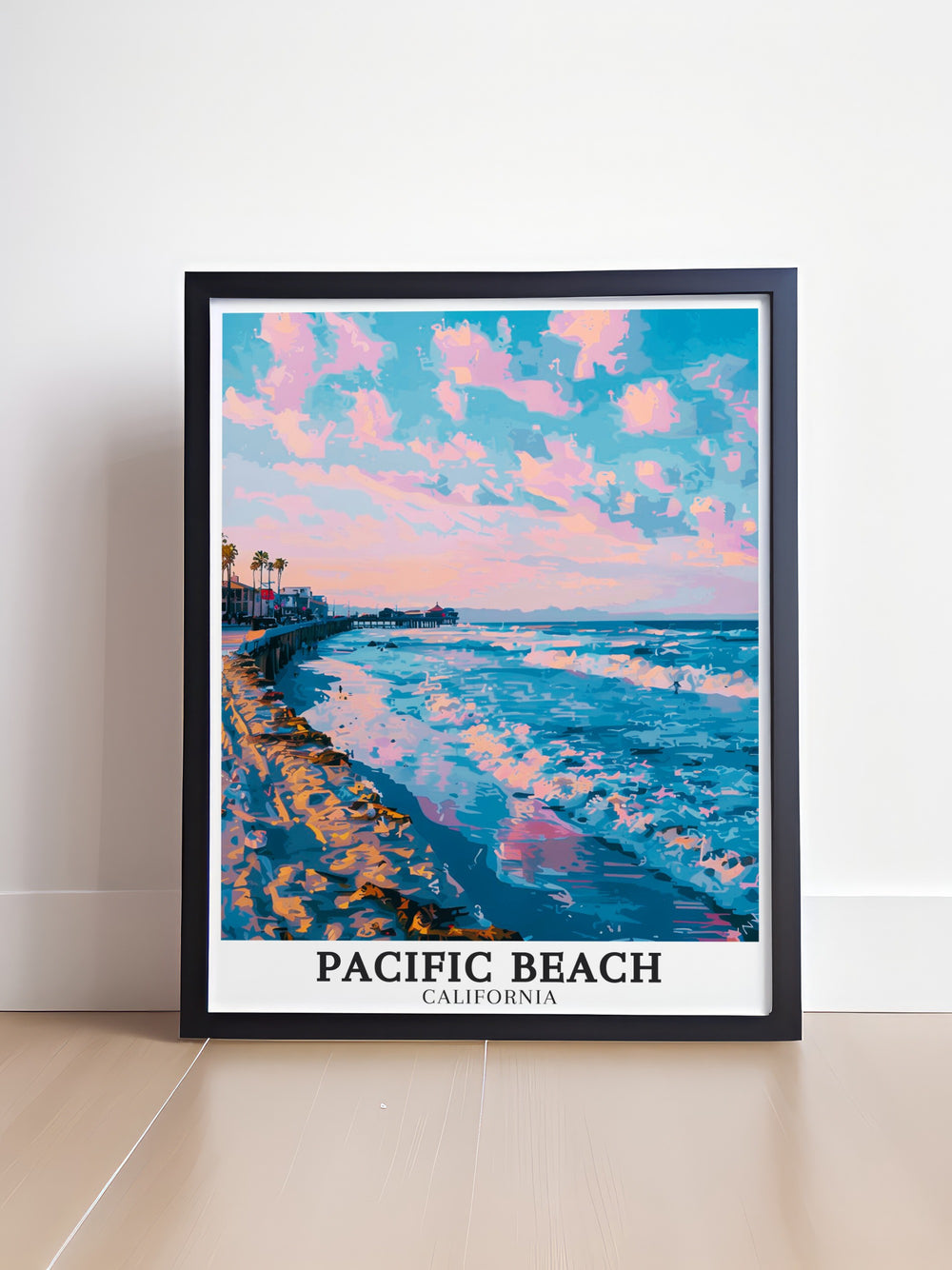 Pacific Beachs iconic Crystal Pier and boardwalk come to life in this stunning travel poster. A great addition to your home decor, it brings the laid back beach culture of California right into your living room.