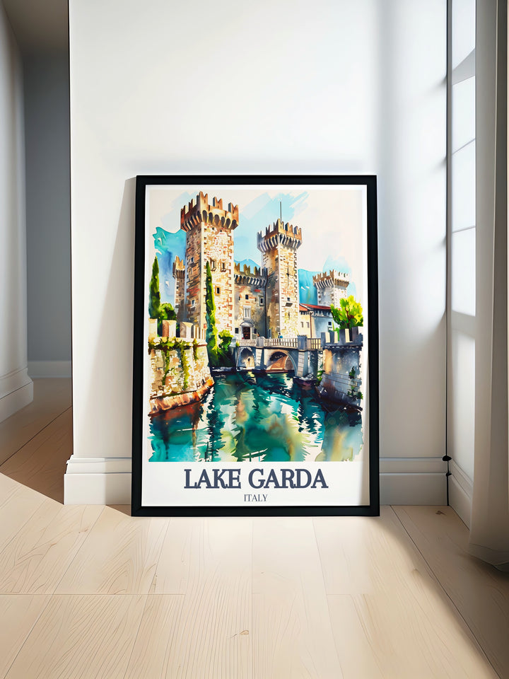 Stunning Lake Garda poster featuring Scaliger Castle and Isola del Garda perfect for Italy wall decor. This Italy print is a great gift for birthdays or special occasions ideal for any room in your home with its vibrant colors and detailed artwork.