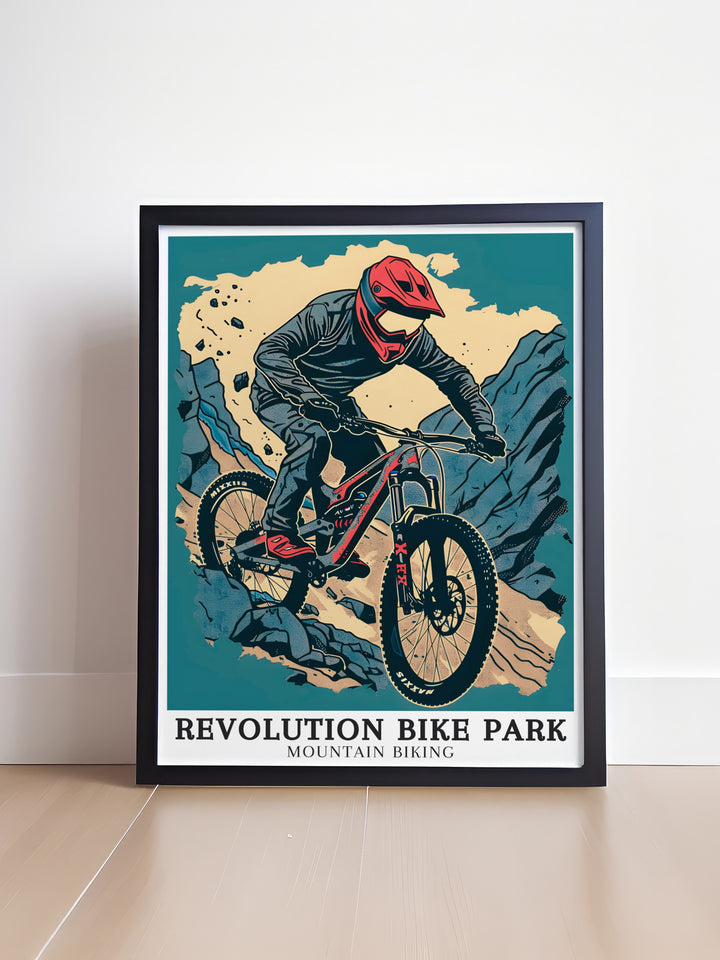 Revolution Bike Parks The Dark Side Trail. This art piece brings the thrill of mountain biking into your home, showcasing the challenging terrain and scenic views. Perfect for biking enthusiasts.