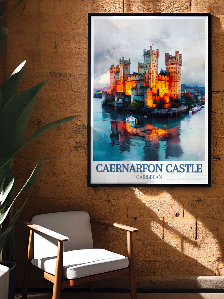 Detailed digital download of Caernarfon Castle, featuring the charming Beddgelert Village and Snowdon Ranger, ideal for any art collection or as a memorable travel keepsake.