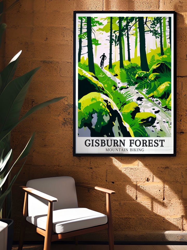 Vibrant Mountain Biking Art featuring the rugged terrain of Gisburn Forest Blue Route highlighting famous MTB trails perfect for adding a sense of adventure to your living room or office space