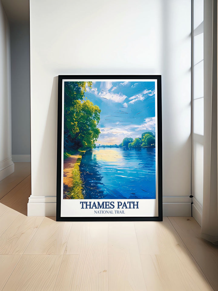 A vibrant River Thames travel poster showcasing the iconic Thames Path in Richmond London perfect for adding a touch of elegance to any room and ideal for those who love exploring Londons historical landmarks and beautiful scenery
