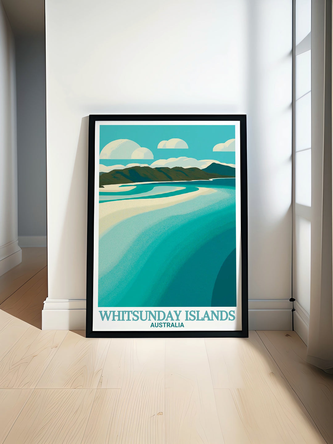 Whitsunday Islands travel print featuring the stunning Hill Inlet with its swirling sands and turquoise waters perfect for nature lover gift and beach wall art ideal for enhancing Australian home decor with a touch of tropical elegance and beauty.