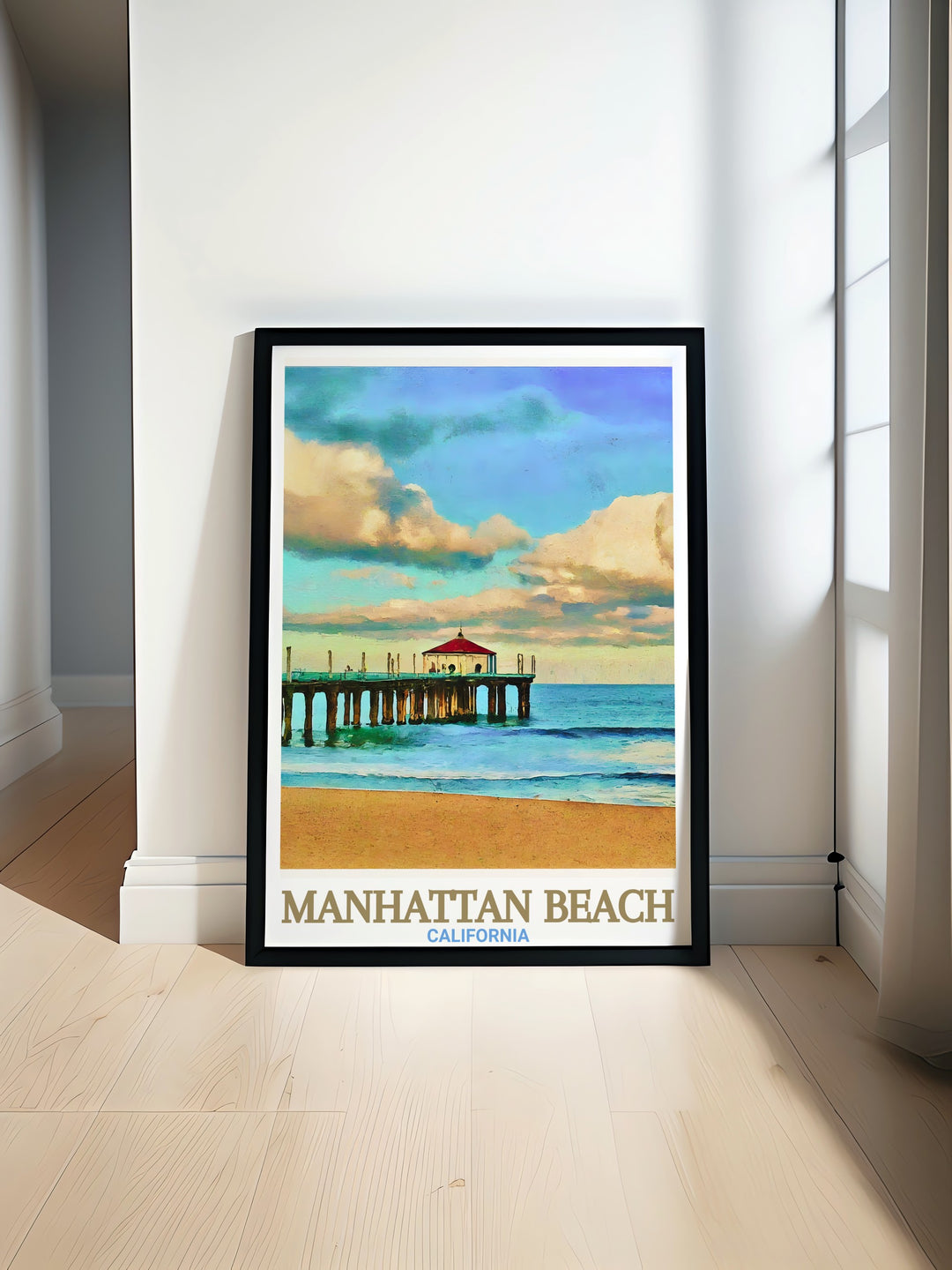 This Manhattan Beach travel poster is a must have for anyone who appreciates the natural beauty of Californias coastline. Featuring the iconic pier and a stunning ocean view, this print makes for an elegant addition to your home décor.