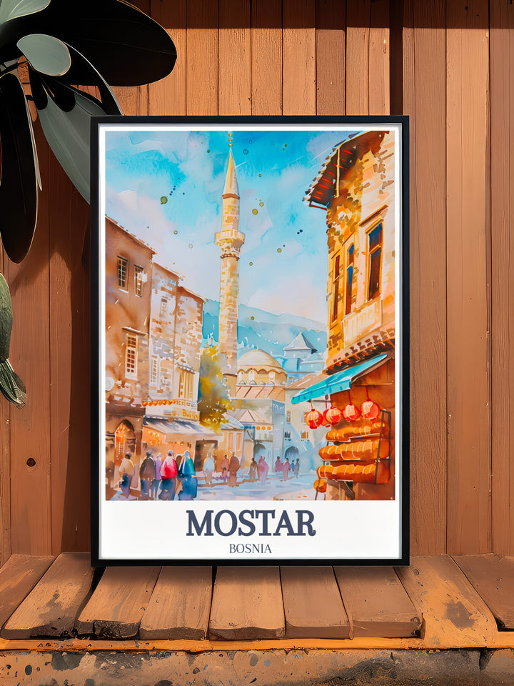 Mostar Travel Poster highlighting Koski Mehmed Pasha Mosque and Old Town Bazaar perfect for adding a touch of Herzegovina art to your living space