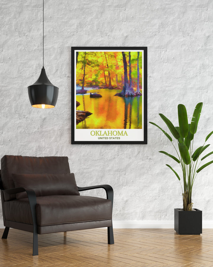 Oklahoma travel print featuring a sleek black and white city map and the peaceful landscapes of Beavers Bend State Park. A fine line art piece perfect for modern decor adding a touch of Oklahomas charm to any space or as a gift for loved ones.