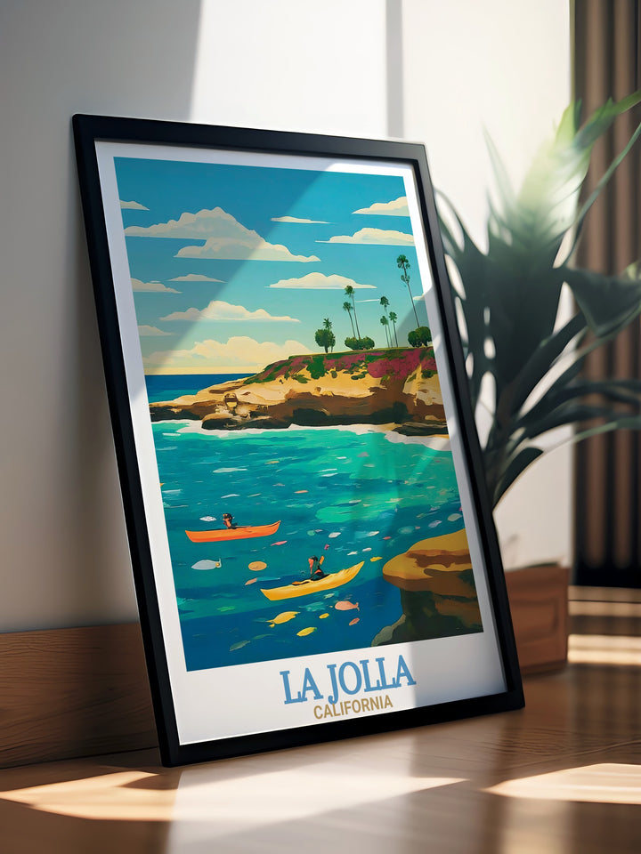 La Jolla Cove Art Print showcases the peaceful charm of this famous California beach. The finely detailed print is ideal for any room, bringing the serenity of the ocean and cliffs into your living space. This artwork is a great addition for those who love beach and coastal decor.