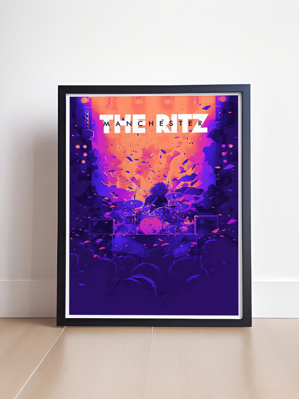 This vintage travel print of The Ritz Manchester captures the venues legendary stage and performance space. With an art deco design and retro flair, this poster celebrates the rich music history of Manchester, making it perfect for fans of architecture and live music venues.