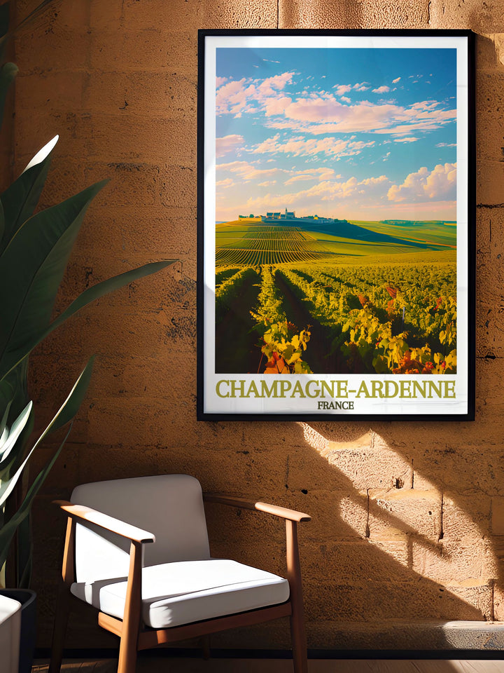 Montagne de Reims wall art showcasing the peaceful vineyards and rolling hills of Champagne Ardenne. This France travel print is perfect for any occasion, offering a glimpse into the heart of France and making it a thoughtful gift for loved ones.