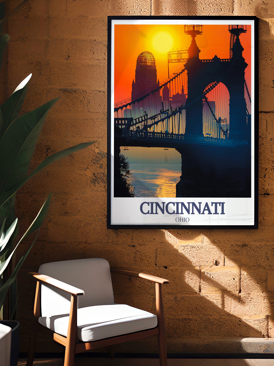 Modern Cincinnati Art featuring Roebling Suspension Bridge and Great American Building in black and white city prints offering a stylish addition to any home decor and making it an excellent choice for anniversary gifts birthday gifts or Mothers Day presents