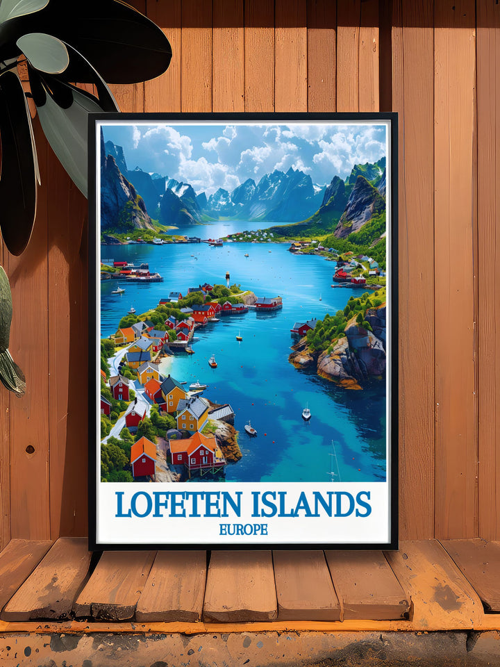 Gallery wall art of the Lofoten Islands, Norway, featuring the regions scenic landscapes and rich cultural heritage. The print highlights the serene fishing village of Henningsvær, the majestic mountains, and the clear fjord waters, offering a beautiful blend of natural beauty and Scandinavian charm. The detailed illustration and vibrant colors make this gallery wall art a standout piece in any home decor.