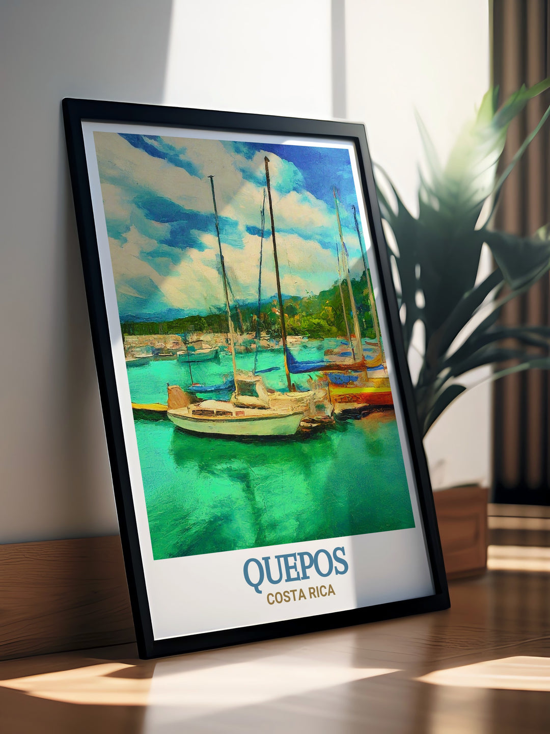 Quepos and Marina Pez Vela, two iconic landmarks in Costa Rica, are beautifully depicted in this print. The artwork reflects the vibrant energy of the town and the peaceful ambiance of the marina, offering a perfect way to bring a piece of Costa Rica into your home.