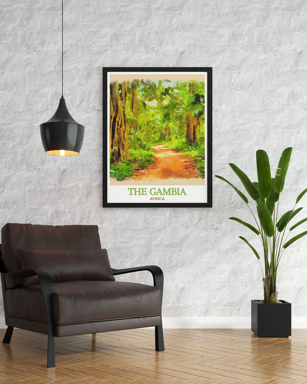 Bijilo Forest Park wall art from The Gambia. This fine art print showcases the parks diverse wildlife and picturesque views, making it a perfect piece for any nature lovers collection. The high quality print ensures lasting vibrancy and detail.