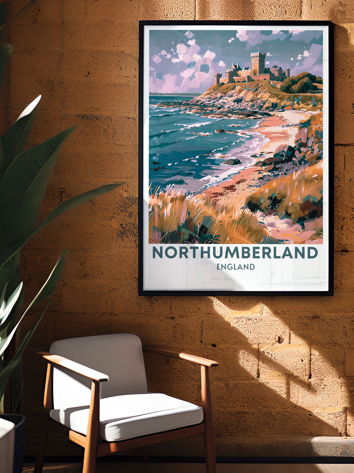 Northumberland print featuring the charming village of Seahouses and the iconic Bamburgh Castle. This seaside travel print is perfect for those who love coastal landscapes and vintage travel art.