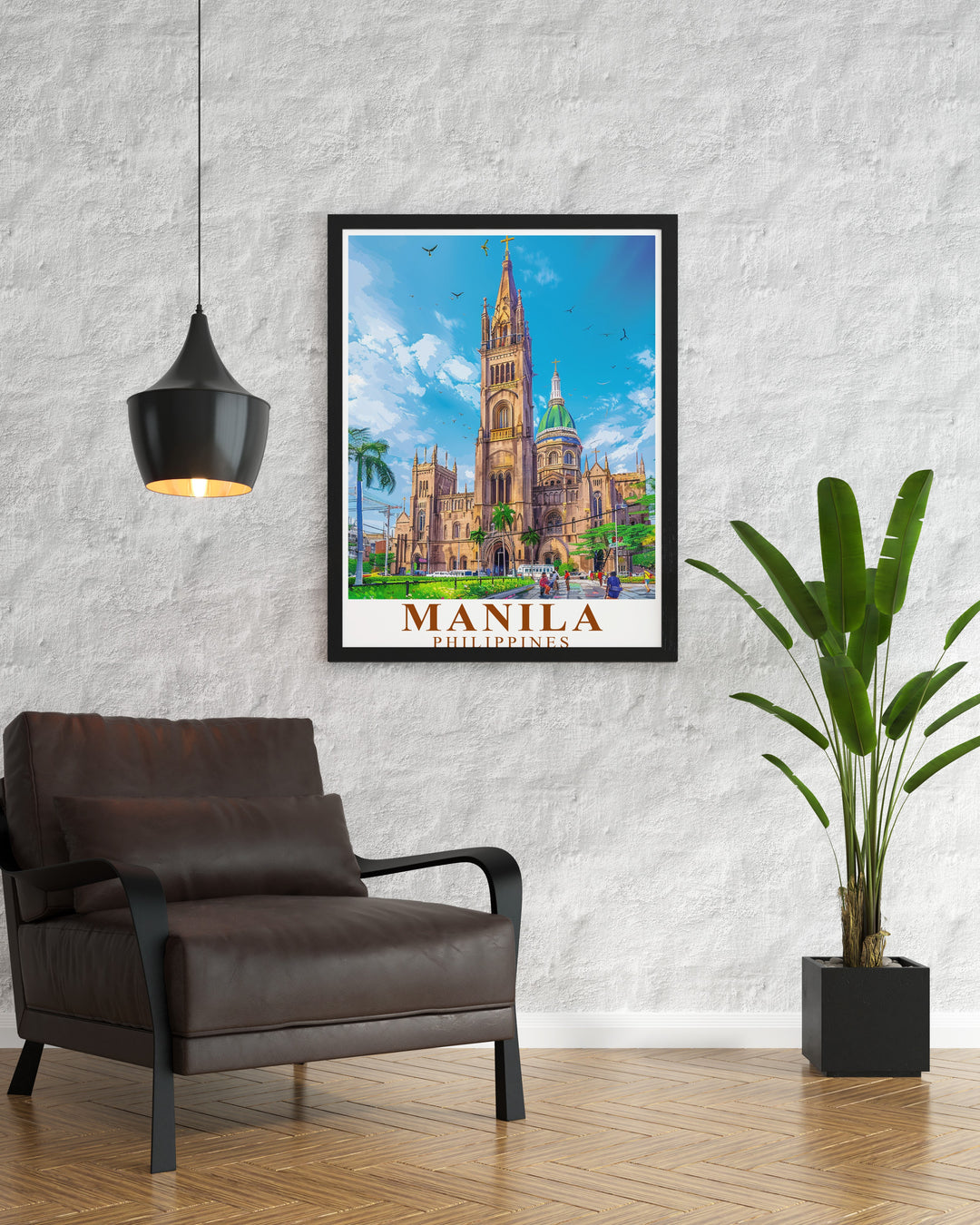 Experience the vibrant energy of Manila with this Manila City Art Print, showcasing the Manila Cathedral and the bustling streets. This travel print, with its striking color palette, is perfect for adding a touch of the Philippines to your home or office.