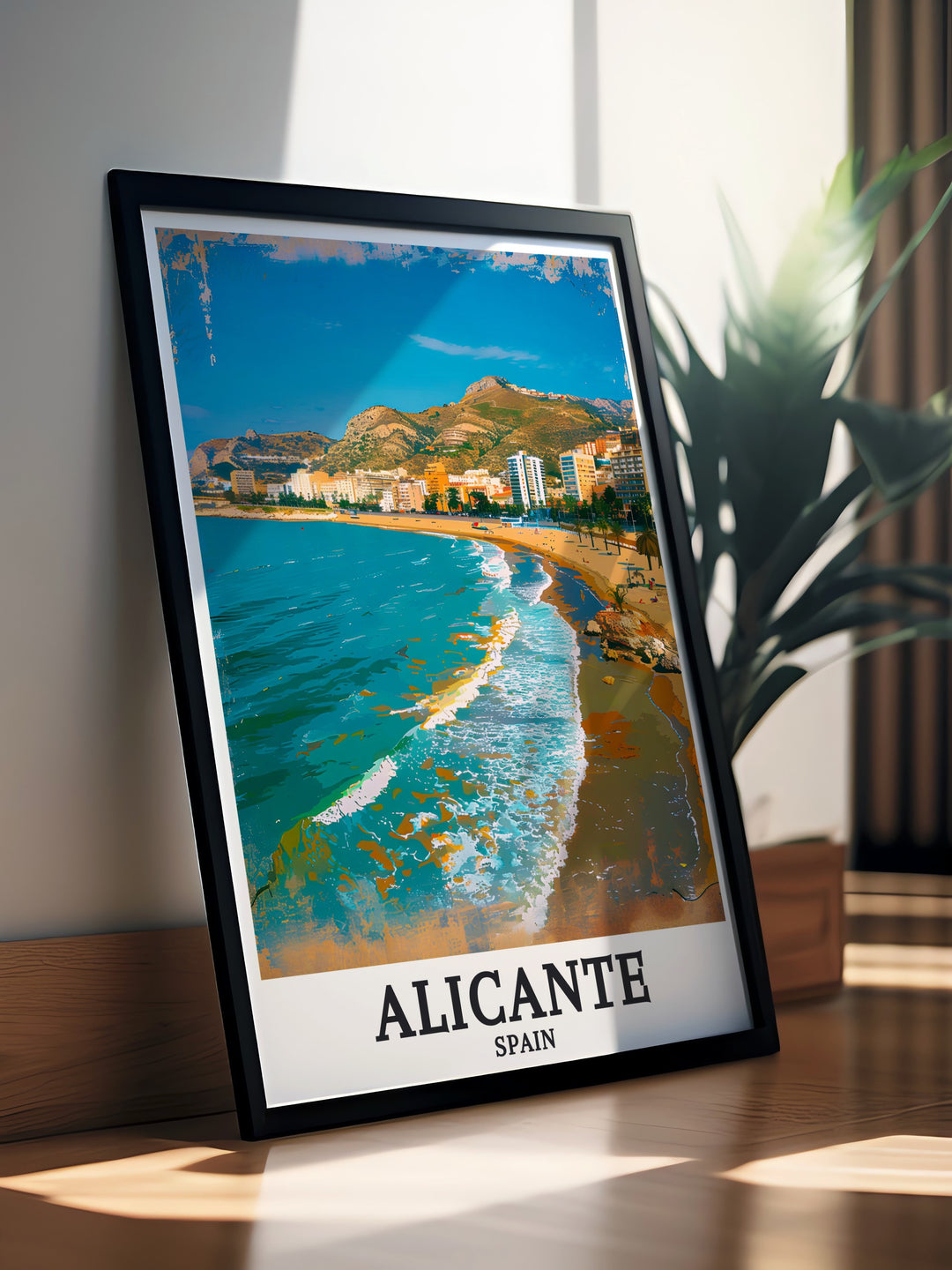 Beautiful Alicante Poster with Playa de San Juan and Mediterranean Sea captured in black and white offering a timeless piece of wall art that complements both modern and traditional interiors