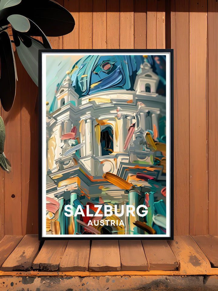 Salzburg cathedral and Zauchensee skiing create a captivating vintage travel print. Ideal for home decor, this artwork blends the historical beauty of the cathedral with the thrill of the slopes. Perfect for those who love unique and sophisticated wall art.