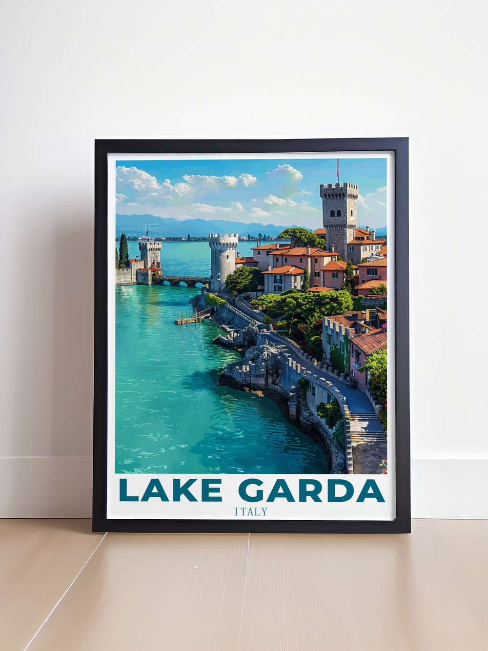 Celebrate Italys natural beauty with this Lake Garda travel print, showcasing the calm waters of the lake and the historic town of Sirmione. A perfect piece for those who adore Italian landscapes.