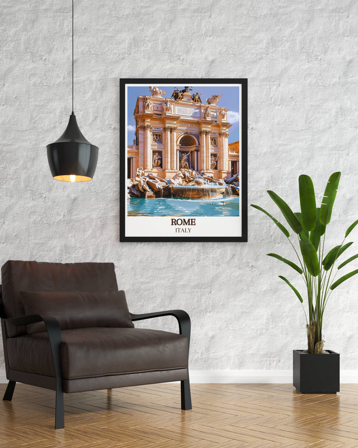 Elegant Trevi Fountain Modern Art Print depicting the grandeur of Rome Italy. This artwork is perfect for transforming your living space and serves as a unique travel gift or sophisticated home decor.