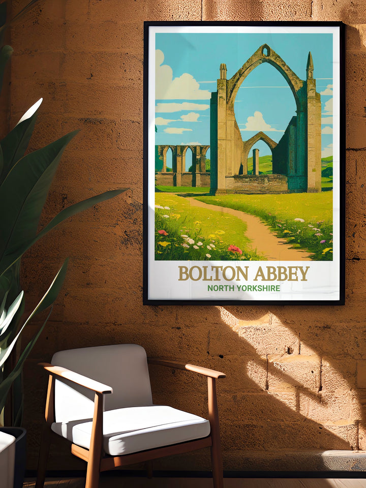 Elegant Bolton Priory Ruins wall art perfect for adding a touch of nature and history to your living room featuring the beautiful ruins of Bolton Abbey surrounded by the picturesque landscapes of the Yorkshire Dales National Park.