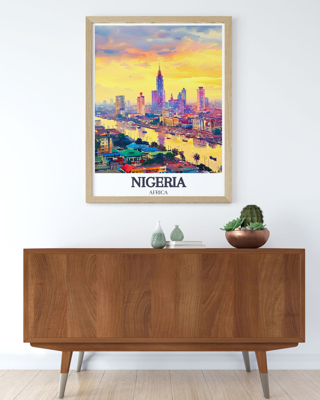 Our Nigeria wall art features a detailed and colorful depiction of Lagos and Victoria Island bringing the energetic spirit of the city into your home perfect for travel and exploration enthusiasts.