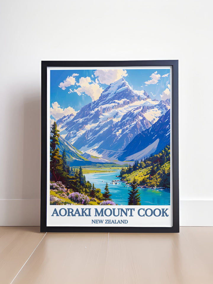 Aoraki Mount Cook gallery wall art showcasing the peaks snowy cap against a clear blue sky, framed by the native tussock grass of New Zealands South Island.