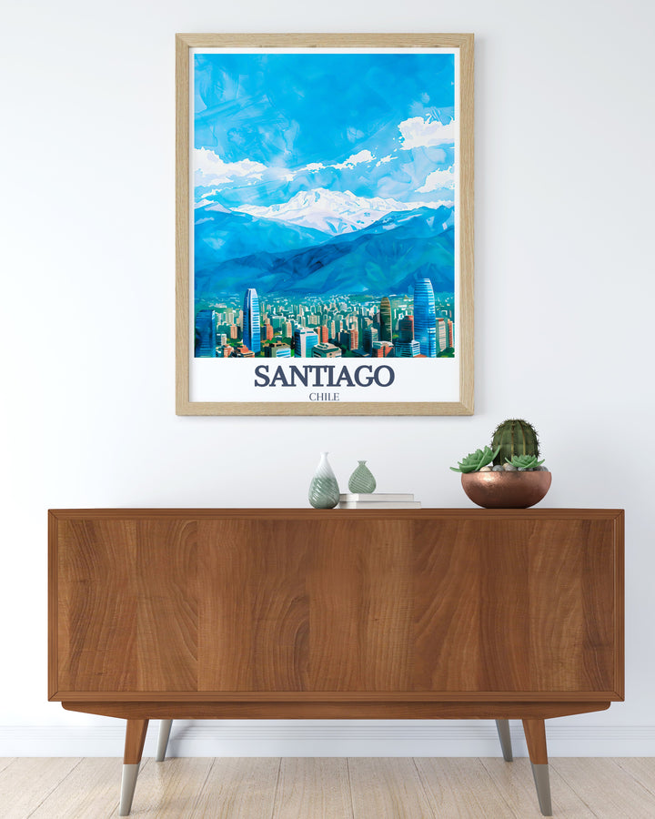 Spain wall art featuring the Santiago cityscape and Andes Mountains is a perfect addition to any room The detailed design of this Spain travel print adds a modern and elegant touch to your decor while highlighting the beauty of Spanish landscapes