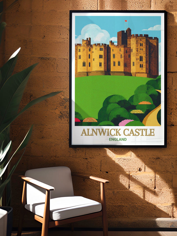 Northumberland Travel Poster showcasing the timeless allure of Alnwick Castle and its surrounding landscapes. The artwork invites viewers to explore the history and beauty of Northumberland, making it a perfect addition to any home decor focused on English heritage