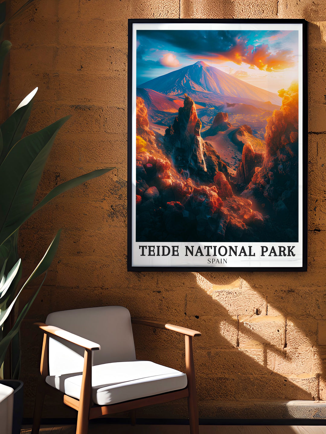 An exquisite travel poster of Teide National Park, featuring the majestic Teide Volcano and the iconic Roques de Garcia rock formations. The detailed artwork captures the raw volcanic landscape of this UNESCO World Heritage Site, offering a perfect addition to any home for lovers of adventure and nature.