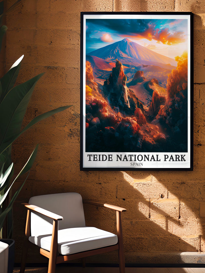 An exquisite travel poster of Teide National Park, featuring the majestic Teide Volcano and the iconic Roques de Garcia rock formations. The detailed artwork captures the raw volcanic landscape of this UNESCO World Heritage Site, offering a perfect addition to any home for lovers of adventure and nature.