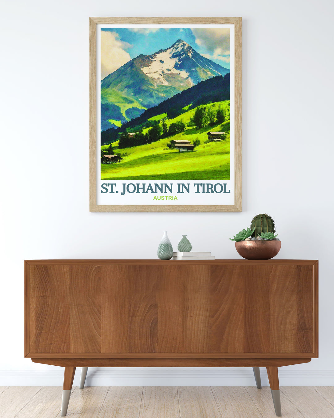 Austrias St. Johann in Tirol and Kitzbüheler Horn are showcased in this travel poster. Its detailed portrayal of these iconic landmarks brings Austrias natural wonders to life, making it an excellent choice for wall art and gifts.