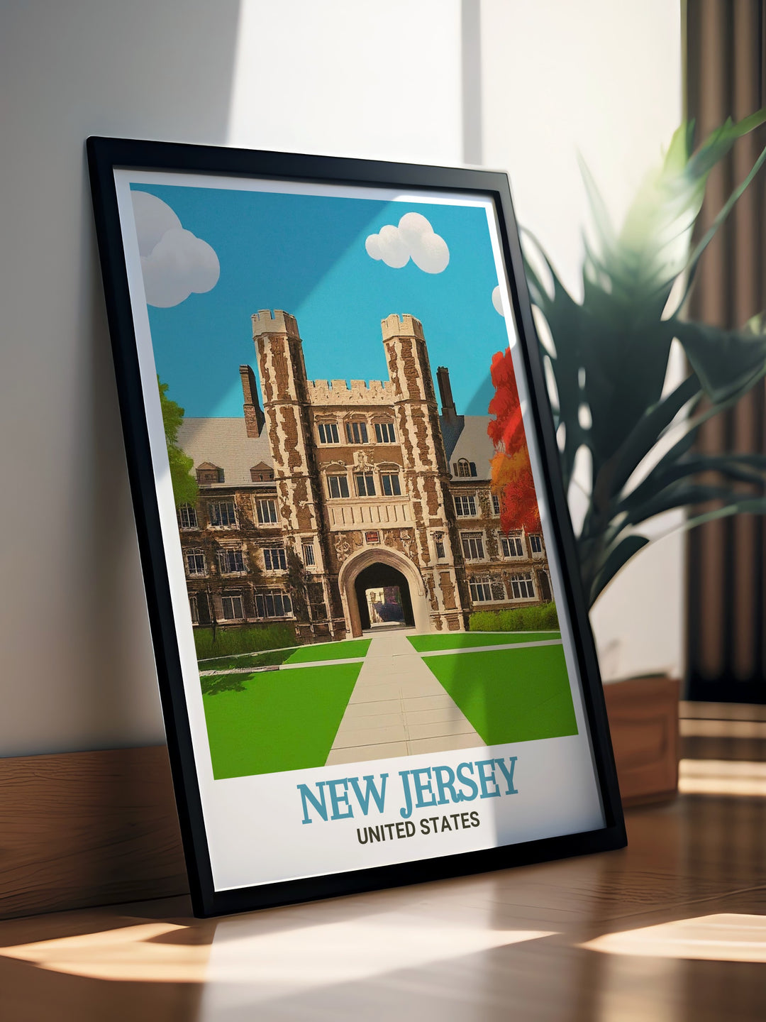 Princeton University travel poster featuring the grand Princeton University Chapel and historic buildings. Perfect for home or office decor. This artwork captures the essence of New Jerseys renowned academic institution.