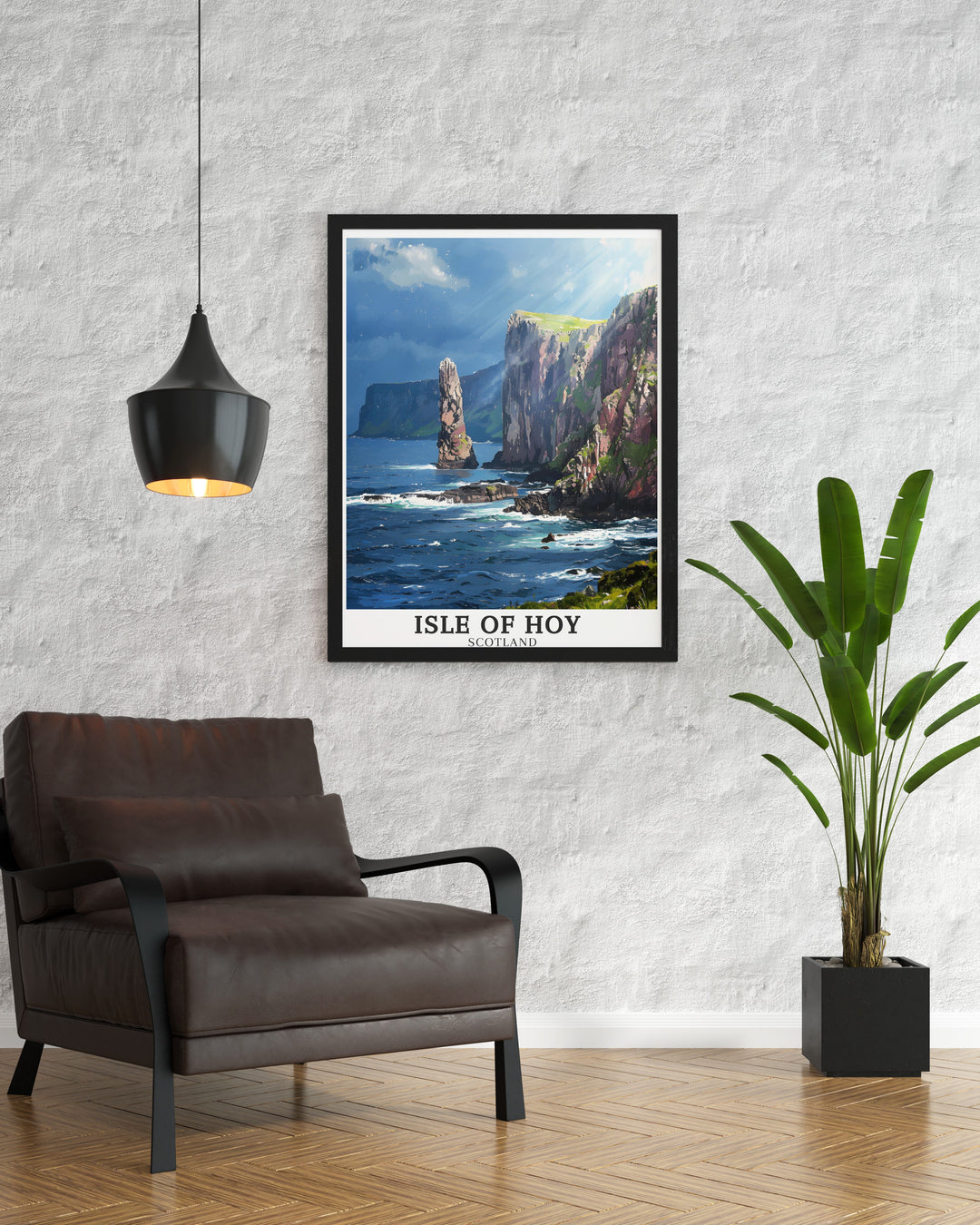 The Old Man of Hoy and St Johns Head are depicted in this Isle of Hoy canvas art, highlighting the natural wonders of the Orkney Islands. This artwork is perfect for those who love Scotlands dramatic landscapes, offering a stunning travel gift or a unique piece of home decor for nature lovers.