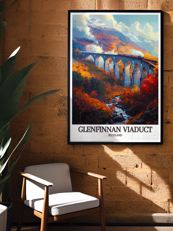 Canvas art featuring the Glenfinnan Viaduct, capturing the picturesque landscape and historical significance of this Scottish landmark, a great addition for fans of railway history and Harry Potter.