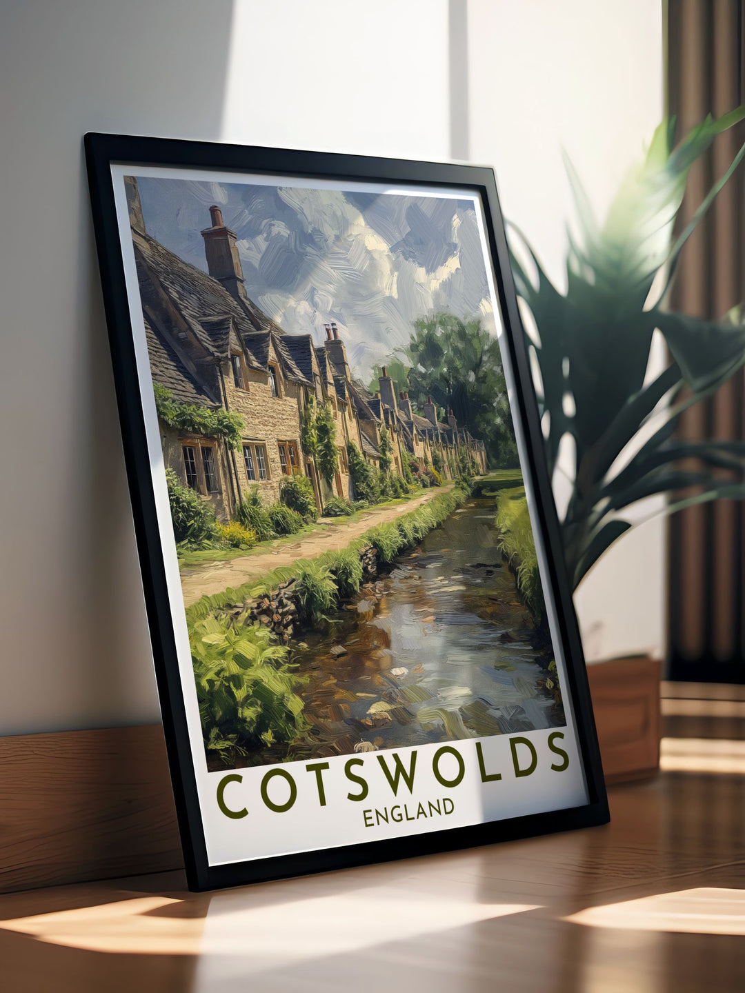Illustrated with care, this travel poster brings to life the scenic beauty of the Cotswolds and the historical allure of Arlington Row, ideal for enhancing any room with Englands vibrant and diverse landscapes.