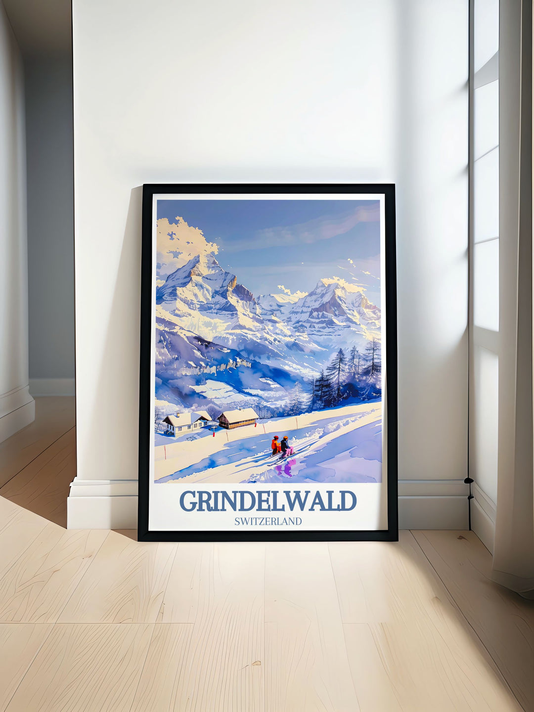 Featuring the breathtaking Swiss Alps, this Grindelwald Travel Poster offers stunning views of the Jungfrau Ski Region and the towering Eiger North Face. A must have for skiing enthusiasts and travelers alike.