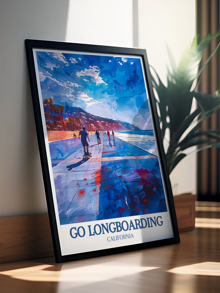 Go Longboarding Poster Print captures the vibrant longboarding culture of Venice Beach, with skaters cruising along the iconic boardwalk and Muscle Beach in the background. Perfect for any skateboarding fan, this travel print brings the energy of California into your home.