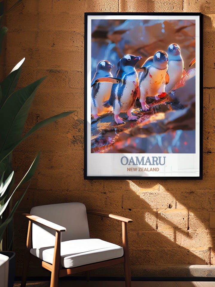 New Zealand Canvas Art depicting the serene yet lively atmosphere of Oamarus Blue Penguin Colony. This canvas art brings the charming penguins and stunning coastal scenery into your home, perfect for enhancing any living space with natural beauty.