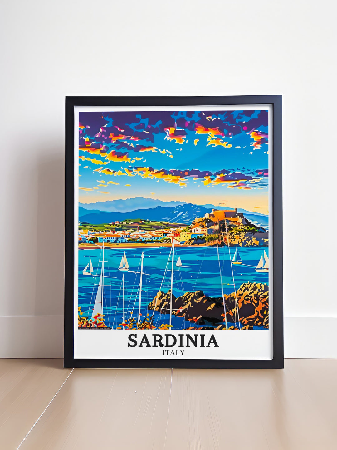 Stunning Sardinia poster print showcasing Cala Mariolu Beach Costa Smeralda. This Sardinia wall art offers a vibrant illustration of the Mediterranean Island landscape and Sardinian beaches for a perfect Italian heritage inspired home decor addition.