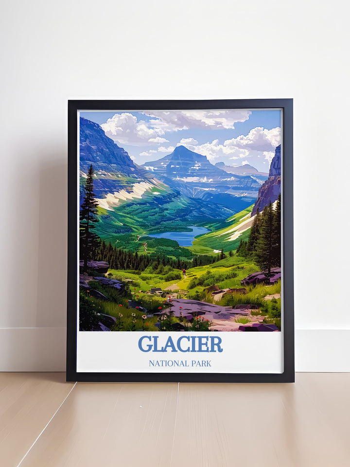 Highlighting the serene waters and picturesque scenery of Logan Pass, this travel poster showcases the passs tranquil beauty and the surrounding mountains. Perfect for those who appreciate peaceful landscapes.